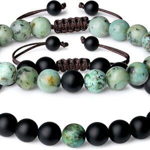 Matching Couples Bracelets African Turquoise Onyx Stone Adjustable Nylons